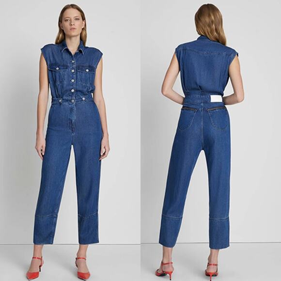 NWT 7 For All Mankind Denim Lustre Sleeveless Balloon Jumpsuit Dark Indigo Blue - Picture 8 of 8